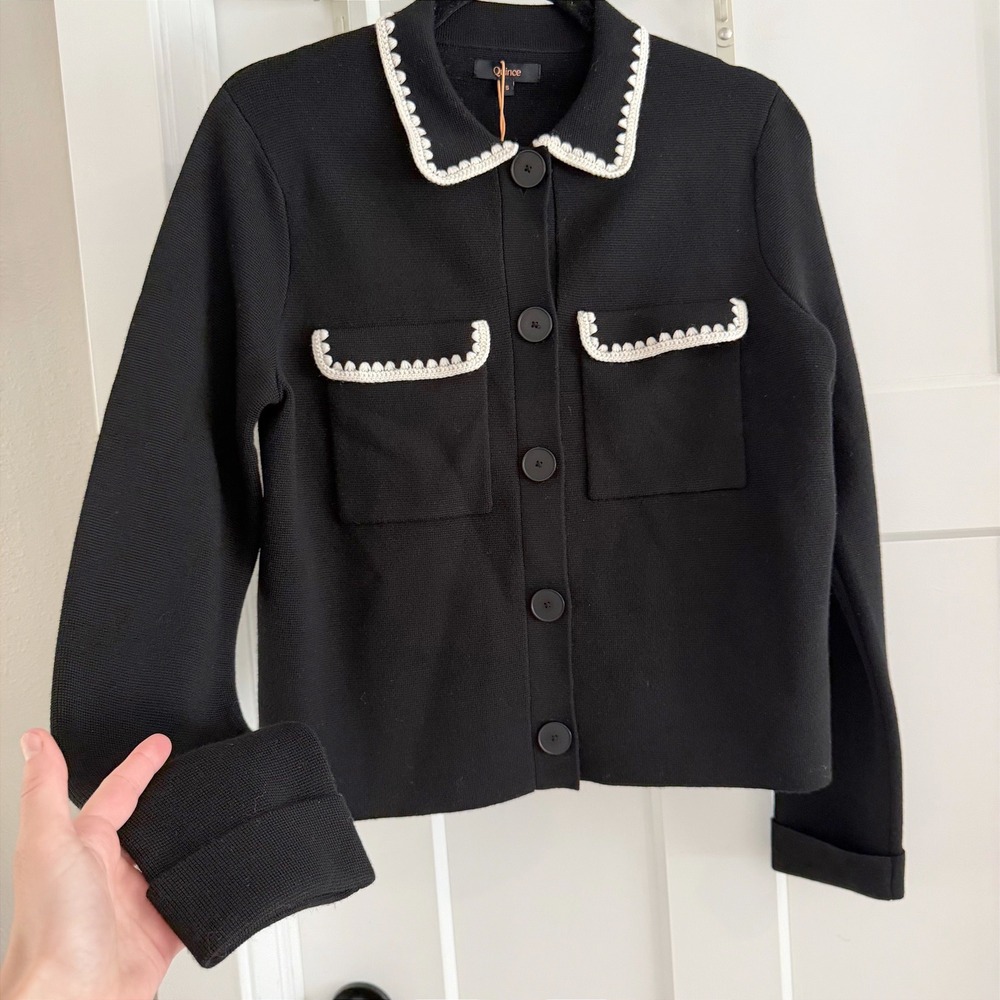 Quince Australian Merino Wool Crochet Trim Sweater Jacket Black Small NWT
